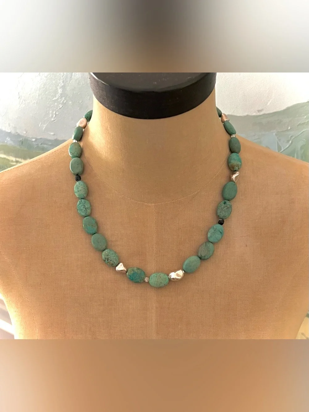 Turquoise Bead Necklace with Sterling Silver Accents